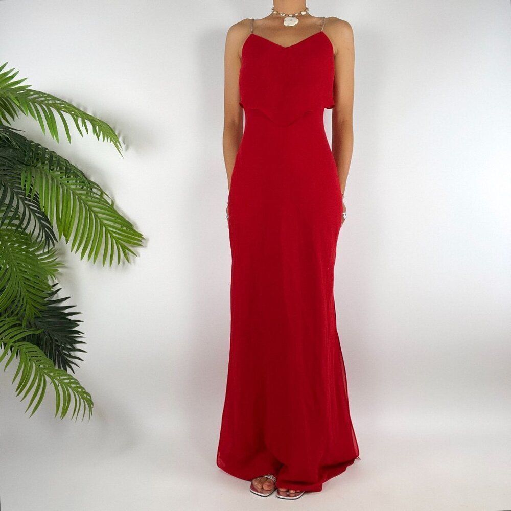 Vintage 90s Niki Livas Red Spaghetti Strap Prom Evening Gown Maxi Dress / Size 4